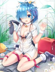 Rule 34 | 1girl, absurdres, ahoge, alternate costume, animal ears, bag, bell, bikini, blue eyes, blue hair, blush, breasts, cat ears, cat tail, cleavage, collar, collarbone, commentary request, fangs, flower, hair flower, hair ornament, hair over one eye, hair ribbon, hat, highres, large breasts, looking at viewer, mole, mole on breast, neck bell, on ground, pedo0201, pink ribbon, re:zero kara hajimeru isekai seikatsu, red bag, rem (re:zero), ribbon, shirt, shoes, short hair, sitting, solo, swimsuit, tail, white flower, white shirt, x hair ornament, yellow flower, yellow hat
