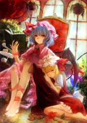 Rule 34 | 2girls, absurdres, ascot, barefoot, bat wings, blonde hair, blue hair, bonnet, book, brooch, cake, chair, cup, dress, closed eyes, flandre scarlet, flower, food, frills, guan tang baozi, hand on head, hat, hat ribbon, highres, jewelry, leg ribbon, looking at viewer, mob cap, multiple girls, nail polish, open book, pink dress, plant, potted plant, puffy sleeves, reading, red dress, red eyes, red flower, red nails, red rose, remilia scarlet, ribbon, rose, sash, short sleeves, siblings, side ponytail, sisters, sitting, smile, teacup, tiered tray, tile floor, tiles, toenails, touhou, wariza, window, wings, wrist cuffs