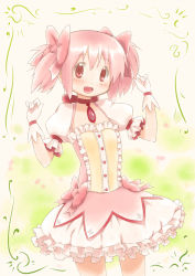 Rule 34 | 10s, 1girl, blush, bow, bubble skirt, dress, errant, gloves, hair bow, hair ribbon, kaname madoka, kaname madoka (magical girl), magical girl, mahou shoujo madoka magica, mahou shoujo madoka magica (anime), open mouth, ribbon, short hair, short twintails, skirt, smile, solo, twintails, yellow background