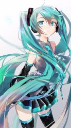 Rule 34 | 1girl, absurdly long hair, arms at sides, bad id, bad twitter id, bare shoulders, black skirt, black thighhighs, blue eyes, blue hair, blue necktie, cowboy shot, detached sleeves, expressionless, eyelashes, floating hair, gradient background, grey background, grey shirt, hair between eyes, hatsune miku, highres, long hair, looking at viewer, necktie, osushimanchan, pleated skirt, shaded face, shirt, simple background, skirt, sleeveless, sleeveless shirt, solo, standing, thighhighs, twintails, very long hair, vocaloid, white background, zettai ryouiki