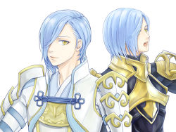 Rule 34 | 1boy, alternate costume, bad id, bad pixiv id, blue hair, fire emblem, fire emblem fates, flare (shin-s), hair over one eye, male focus, nintendo, open mouth, shigure (fire emblem), solo, white background, yellow eyes