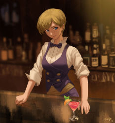 Rule 34 | 1girl, alcohol, bar (place), bartender, blonde hair, blue eyes, bow, bowtie, cocktail, earrings, formal, jewelry, king (snk), reverse trap, ryuuko no ken, shirt, short hair, smile, snk, solo, suit, the king of fighters, the king of fighters xiv, tim yan, traditional bowtie