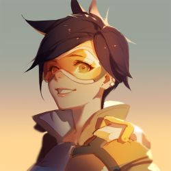 Rule 34 | 1girl, ask (askzy), brown hair, cropped, earrings, goggles, gradient background, grin, jewelry, lips, looking at viewer, multicolored background, nose, overwatch, overwatch 1, parted lips, portrait, short hair, smile, solo, spiked hair, tracer (overwatch), two-tone background, upper body
