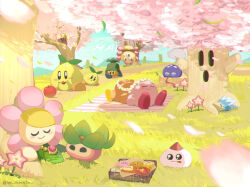 Rule 34 | :o, apple, artist name, basket, beanbon, big beanbon, blanket, blue sky, blurry, blurry foreground, blush, character food, cherry blossoms, closed eyes, closed mouth, cloud, commentary request, como (kirby), day, drooling, falling petals, flower, flower wreath, food, fruit, gooey (kirby), grass, hal laboratory, haley (kirby), head wreath, jungle bomb, kirby, kirby (series), leafan, leo taranza, long tongue, mountainous horizon, nintendo, no humans, outdoors, path, people of the sky, petals, ringle, road, sitting, sky, sleeping, sleeping upright, smile, star (symbol), tick (kirby), tongue, tongue out, tree, tree stump, twitter username, u u, waddle dee, whispy woods