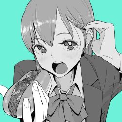 Rule 34 | 1girl, aqua background, blush, bow, bowtie, bright pupils, collared shirt, eating, fingernails, food request, foreshortening, highres, jacket, kantai collection, long hair, long sleeves, looking at viewer, open clothes, open jacket, open mouth, round teeth, shirt, solo, suzuya (kancolle), teeth, tocky, tucking hair, upper teeth only, white pupils, wing collar, yakisoba, yakisobapan