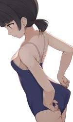 Rule 34 | 1girl, adjusting clothes, adjusting swimsuit, arms behind back, ass, back, black hair, blue one-piece swimsuit, blunt bangs, blush, breasts, closed mouth, competition school swimsuit, cowboy shot, embarrassed, from side, hair tie, highres, hiroki (yyqw7151), looking away, looking down, low ponytail, one-piece swimsuit, original, ponytail, profile, purple eyes, school swimsuit, short hair, short ponytail, shoulder blades, sideboob, sidelocks, simple background, small breasts, standing, swimsuit, thigh gap, white background