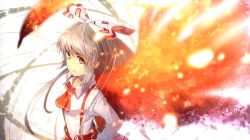 Rule 34 | 1girl, ascot, bow, eho (icbm), female focus, fiery wings, fire, fujiwara no mokou, gradient background, hair bow, long hair, looking at viewer, pants, red eyes, ribbon, silver hair, solo, suspenders, touhou, white background, wings