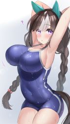 Rule 34 | 1girl, ?, animal ears, armpits, blue one-piece swimsuit, blue school swimsuit, braid, breasts, brown hair, commentary request, covered navel, ear covers, gradient background, grey background, highres, hokko tarumae (umamusume), horse ears, horse girl, horse tail, kibihimi, large breasts, long hair, looking at viewer, multicolored hair, nontraditional school swimsuit, one-piece swimsuit, purple eyes, school swimsuit, solo, streaked hair, swimsuit, tail, tracen swimsuit, twin braids, umamusume, wet, wet clothes, wet swimsuit, white hair