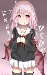 Rule 34 | 1girl, ^^^, bat wings, black shirt, black thighhighs, blood, blood from mouth, brown background, closed mouth, collarbone, commentary request, dated, dreamusun, fangs, fangs out, gradient background, hair between eyes, highres, long hair, long sleeves, looking at viewer, low wings, original, own hands together, pink hair, pink wings, pleated skirt, red eyes, sailor collar, school uniform, serafuku, shirt, signature, skirt, solo, thighhighs, translation request, trembling, vampire, white sailor collar, white shirt, wide sleeves, wings
