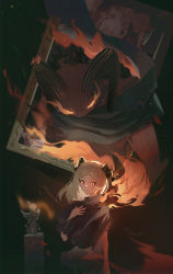 Rule 34 | 1girl, absurdres, arknights, black capelet, blonde hair, burning, capelet, closed mouth, commentary, demon girl, demon horns, dress, eizoken901, expressionless, fire, glowing, glowing eyes, grey dress, hand on own chest, highres, horns, ifrit (arknights), long hair, looking at viewer, monster, orange pupils, painting (object), parted bangs, picture frame, reaching, red eyes, saria (arknights), solo, statue, through medium, through painting