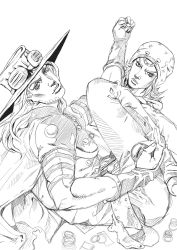 Rule 34 | 2boys, absurdres, araki hirohiko (style), ball, cape, closed mouth, cowboy, cowboy hat, frown, grandguerrilla, greyscale, gyro zeppeli, hat, highres, holding, holding ball, horseshoe ornament, johnny joestar, jojo no kimyou na bouken, long hair, looking at viewer, male focus, monochrome, multiple boys, official style, shirt, simple background, steel ball run, cowboy western, white background, wristband