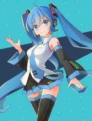 Rule 34 | &gt;:), 1girl, ahoge, black skirt, black sleeves, black thighhighs, blue eyes, blue hair, blue necktie, breasts, closed mouth, collared shirt, commentary request, detached sleeves, doyagao, hair between eyes, hair ornament, hand up, hatsune miku, headphones, headset, long hair, long sleeves, mamagogo (gomaep), necktie, panties, pleated skirt, shirt, skirt, sleeveless, sleeveless shirt, small breasts, smile, smug, solo, striped clothes, striped panties, thighhighs, twintails, underwear, v-shaped eyebrows, very long hair, vocaloid, white shirt, wide sleeves