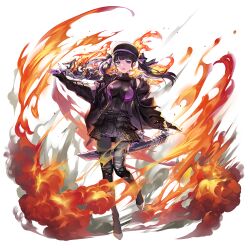 Rule 34 | 1girl, action taimanin, black gloves, black hair, black jacket, breasts, chuujou nanao, enishi (taimanin-artist), fire, full body, gloves, goth fashion, gun, hat, highres, jacket, lilith-soft, medium breasts, nail polish, official art, purple eyes, solo, sword, taimanin (series), taimanin rpgx, torn clothes, twintails, weapon