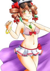 Rule 34 | 1girl, bikini, bikini skirt, blush, bow, breasts, d-m (dii emu), drill hair, earrings, eyewear on head, hat, hat bow, high collar, highres, jewelry, necklace, orange eyes, pendant, ring, sarong, small breasts, solo, sunglasses, swimsuit, top hat, touhou, twin drills, white background, yorigami jo&#039;on