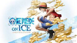 Rule 34 | 1boy, bare arms, black eyes, black hair, clenched hand, denim, full body, hat, highres, ice skates, jumping, monkey d. luffy, official art, one piece, pectorals, short hair, shorts, simple background, skates, smile, solo, standing, straw hat, title, toei animation