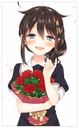 Rule 34 | 10s, 1girl, :d, ahoge, black hair, blue eyes, blush, bouquet, braid, dated, fingernails, flower, framed, hair between eyes, hair flaps, hair ornament, hairpin, half-closed eyes, holding, holding bouquet, jewelry, kantai collection, long hair, looking at viewer, naoto (tulip), open mouth, pinky out, red flower, red rose, ring, rose, school uniform, serafuku, shigure (kancolle), shigure kai ni (kancolle), short sleeves, simple background, single braid, smile, solo, upper body, wedding band, white background