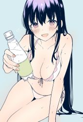Rule 34 | 1girl, arm support, bare arms, bare legs, bare shoulders, bikini, black hair, blue background, blush, bottle, breasts, cleavage, collarbone, commentary, cowboy shot, eyelashes, fingernails, frilled bikini, frills, front-tie top, hair between eyes, halterneck, hand up, heart, highres, holding, holding bottle, invisible chair, large breasts, long hair, looking at viewer, midriff, nail polish, navel, open mouth, original, pink eyes, pink nails, round teeth, side-tie bikini bottom, sidelocks, simple background, sitting, solo, string bikini, swimsuit, teeth, thigh gap, twitter username, upper teeth only, wet, white bikini, yu yu