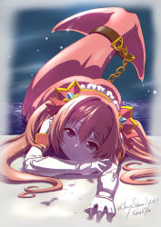 Rule 34 | 1girl, bare shoulders, beach, belt, brown belt, brown eyes, brown hair, chain, check commentary, closed mouth, commentary request, dated, fingerless gloves, full body, gauntlets, gloves, hair between eyes, hair ornament, head tilt, highres, long hair, looking at viewer, lying, mermaid, monster girl, monsterification, mukunoki saburou, night, nozomi (princess connect!), ocean, on stomach, princess connect!, sidelocks, smile, solo, twitter username, two side up, water drop, wet, white gloves