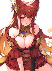 Rule 34 | 1girl, animal ears, anthuria, bad id, bad pixiv id, bare shoulders, black gloves, blush, breasts, cleavage, detached sleeves, dress, elbow gloves, erune, gloves, granblue fantasy, hair between eyes, hair ornament, highres, koretsuki azuma, large breasts, long hair, looking at viewer, no panties, out-of-frame censoring, red dress, red eyes, red hair, simple background, single elbow glove, single glove, sweat, white background