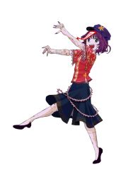 Rule 34 | 1girl, bandages, black footwear, black skirt, blue eyes, cabbie hat, chinese clothes, colored skin, commentary request, fang, fingernails, floral print, full body, hat, hat ornament, highres, jiangshi, lace-trimmed sleeves, lace trim, looking at viewer, miyako yoshika, ofuda, open mouth, outstretched arms, patchwork skin, purple hair, purple hat, purple skin, red shirt, shirt, short hair, short sleeves, simple background, skirt, solo, star (symbol), star hat ornament, tangzhuang, teeth, touhou, upper teeth only, walking, white background, wide sleeves, ysn7159, zombie pose