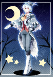 Rule 34 | 1boy, ascot, bare tree, black bow, blue hair, boots, border, bow, capelet, closed mouth, coat, crescent, crescent moon, full body, gloves, grey coat, grey hat, grey pants, hair bow, hair over shoulder, hand on own hip, hat, hat feather, highres, knee boots, light particles, long hair, long sleeves, looking at viewer, male focus, moon, nanna (irasutokanakili), open clothes, open coat, orange ascot, orange eyes, original, outstretched arm, pants, polka dot, polka dot background, smile, standing, star (symbol), tree, white border, white footwear, white gloves