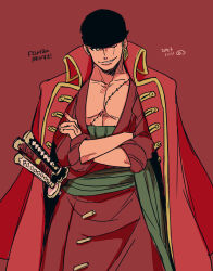 Rule 34 | 1boy, bandana, black bandana, coat, coat on shoulders, commentary, cowboy shot, crossed arms, dated, earrings, green sash, haramaki, hatch (8cco), jewelry, looking at viewer, male focus, one piece, one piece film: z, red background, red coat, roronoa zoro, sash, scar, scar across eye, scar on chest, smile, solo, sword, weapon