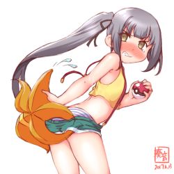 Rule 34 | 1girl, alternate costume, ass, blush, brown eyes, commentary request, cosplay, creatures (company), dated, embarrassed, game freak, gen 1 pokemon, highres, holding, kanon (kurogane knights), kantai collection, kasumi (kancolle), long hair, misty (pokemon), misty (pokemon) (cosplay), name connection, nintendo, panties, poke ball, poke ball (basic), pokemon, pokemon (anime), pokemon (classic anime), short shorts, shorts, side ponytail, silver hair, staryu, striped clothes, striped panties, suspenders, tears, underwear