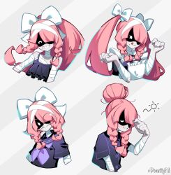 Rule 34 | 1girl, apron, arm up, bandaged arm, bandaged chest, bandaged head, bandages, bow, braid, buttons, catherine (donuttypd), clenched hand, closed eyes, closed mouth, donuttypd, expressions, glasses, hair bun, hand to head, hands up, highres, large bow, light smile, looking at viewer, maid, maid apron, mole, open mouth, original, pink hair, puffy short sleeves, puffy sleeves, round eyewear, sailor collar, school uniform, short sleeves, sleepwear, sleepy, sleeveless, smile, striped, striped background, teeth, tongue, tongue out, twin braids, white bow