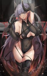Rule 34 | 1girl, absurdres, alternate costume, arm behind head, armpits, azur lane, bare shoulders, black gloves, black leotard, blue eyes, bow, breasts, candy, clothing cutout, covered navel, cowboy shot, demon girl, demon horns, demon tail, covered erect nipples, female pubic hair, food, gloves, gneisenau (azur lane), gneisenau (nightmarish succubus) (azur lane), groin, halloween costume, highres, holding, holding food, horns, large breasts, crossed legs, leotard, light particles, lollipop, long hair, looking at viewer, pubic hair, pubic tattoo, purple hair, see-through, skindentation, solo, tail, tattoo, thighhighs, underboob cutout, very long hair, white bow, yusha m