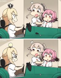 Rule 34 | 3girls, ^^^, alternate costume, bespectacled, blonde hair, blue eyes, braid, brown eyes, car, colored tips, commentary request, dated, french braid, glasses, grey pants, hair ribbon, hamu koutarou, highres, indoors, kantai collection, kunashiri (kancolle), light bulb, long hair, motor vehicle, multicolored hair, multiple girls, one-hour drawing challenge, orange eyes, pants, pink hair, ponytail, ribbon, seatbelt, shirt, spot the differences, t-shirt, track pants, two-tone hair, two side up, very long hair, warspite (kancolle), white shirt, yura (kancolle)