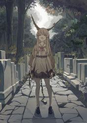 Rule 34 | 1girl, arms at sides, azling, belt, black footwear, blonde hair, chain, cloud, cloudy sky, cobblestone, collarbone, cube, cuffs, day, dress, forest, full body, graphite (medium), graveyard, hair between eyes, head tilt, highres, horn ornament, horn ribbon, horns, ibuki suika, loafers, long hair, looking at viewer, mixed media, nature, neck ribbon, one eye closed, open mouth, outdoors, ribbon, ribbon-trimmed skirt, ribbon trim, shackles, shadow, shoes, sky, sleeveless, sleeveless dress, solo, teeth, tombstone, touhou, traditional media, very long hair, yellow eyes