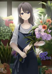 Rule 34 | 1girl, apron, bad id, bad pixiv id, black apron, black hair, blue eyes, commentary request, eyes visible through hair, florist, flower, highres, holding, holding flower, long hair, looking at viewer, manjirou (manji illust), original, pansy, parted bangs, revision, shirt, sidelocks, smile, solo, standing, tulip, white shirt