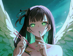 Rule 34 | 1girl, angel wings, bare arms, bare shoulders, black hair, character request, chopsticks, cloud, copyright request, fader ec, green eyes, green hair, highres, long hair, looking at viewer, multicolored hair, nail polish, sky, snake, solo, two-tone hair, upper body, very long hair, wings