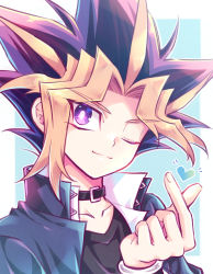Rule 34 | 1boy, black hair, black shirt, blonde hair, bright pupils, chirichiri ygo, choker, closed mouth, collarbone, commentary request, hand up, heart, highres, jacket, looking at viewer, male focus, one eye closed, open clothes, open jacket, purple eyes, purple hair, school uniform, shirt, smile, solo, spiked hair, upper body, white pupils, yami yugi, yu-gi-oh!