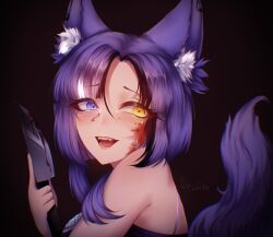 Rule 34 | 1girl, animal ear fluff, animal ears, awful queen (vtuber), bad source, black nails, blood, blood on face, fox ears, fox girl, fox tail, heterochromia, highres, holding, holding knife, indie virtual youtuber, knife, looking at viewer, monster girl, open mouth, orsii14, purple hair, purple tail, tail, yandere