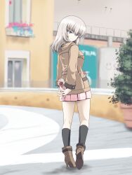 Rule 34 | 1girl, absurdres, ankle boots, arms behind back, black socks, blue eyes, blurry, blurry background, boots, brown footwear, brown jacket, casual, closed mouth, commentary request, day, depth of field, derivative work, from behind, gift, girls und panzer, girls und panzer senshadou daisakusen!, grey hair, head tilt, heel up, high heel boots, high heels, highres, holding, holding gift, hood, hood down, hooded jacket, itsumi erika, jacket, kamishima kanon, kneehighs, long sleeves, looking at viewer, looking back, medium hair, miniskirt, official alternate costume, outdoors, partial commentary, pink skirt, pleated skirt, skirt, smile, socks, solo, standing, valentine