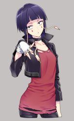 Rule 34 | 10s, 1girl, audio jack, black eyes, black jacket, black pants, blue hair, boku no hero academia, chimachi, choker, cola, cropped legs, facial mark, fingerless gloves, gloves, grey background, head tilt, jacket, jirou kyouka, looking at viewer, open clothes, open jacket, pants, red shirt, shirt, short hair, simple background, solo, standing, torn clothes, torn shirt, white gloves