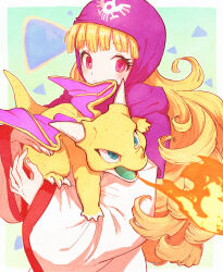 Rule 34 | 1girl, blonde hair, blunt bangs, carrying, closed mouth, curly hair, dragon, dragon horns, small fry (dragon quest), dragon quest, dragon quest ii, dragon tail, dragon wings, eyelashes, fire, green eyes, highres, hood, horns, light blush, long hair, long sleeves, monster, pink headwear, princess of moonbrook, red eyes, robe, scales, tail, upper body, white robe, wide sleeves, wings, yuza