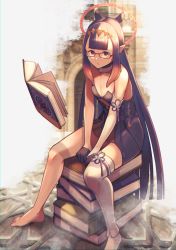 Rule 34 | 1girl, barefoot, bespectacled, black gloves, blunt bangs, book, breasts, cleavage, closed mouth, commentary request, floating, floating book, floating object, glasses, gloves, halo, highres, hololive, hololive english, long hair, looking at viewer, mole, mole under eye, mutsuki albino, ninomae ina&#039;nis, ninomae ina&#039;nis (1st costume), pointy ears, purple eyes, red-framed eyewear, single thighhigh, small breasts, solo, thighhighs, virtual youtuber, white thighhighs