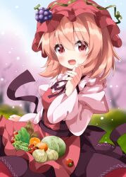 Rule 34 | 1girl, aki minoriko, cabbage, food, fruit, grapes, hat, highres, lettuce, looking at viewer, one-hour drawing challenge, onion, peas, red hat, ruu (tksymkw), strawberry, tomato, touhou