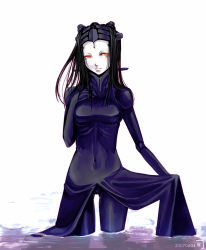 Rule 34 | 00s, 1girl, 2007, android, black hair, blame!, goth fashion, pcell, red eyes, science fiction, skin tight, solo, standing, tsukasa (artist), tsukasa (evening-g-low), water