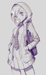 Rule 34 | 10s, 1girl, absurdres, bag, breasts, blowing bubbles, collared shirt, darling in the franxx, greyscale, handbag, hands in pockets, highres, hood, hoodie, ichigo (darling in the franxx), looking at viewer, medium breasts, monochrome, necktie, shirt, short hair, skirt, solo, topu