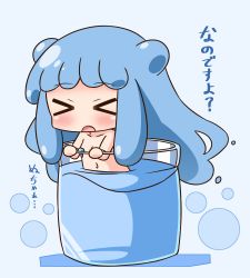 Rule 34 | &gt; &lt;, 1girl, :o, blue background, blue hair, blush, breasts, chibi, cleavage, closed eyes, collarbone, convenient censoring, double bun, hair bun, half slime-chan, hana kazari, in container, long hair, monster girl, navel, nude, open mouth, original, sidelocks, slime girl, small breasts, solo, translation request, very long hair