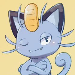 Rule 34 | 10s, alolan form, alolan meowth, animal ears, cat, cat ears, cat tail, coin, creatures (company), game freak, gen 7 pokemon, nintendo, no humans, one eye closed, pokemon, pokemon (creature), pokemon sm, simple background, solo, tail, upper body, yellow background, zrae