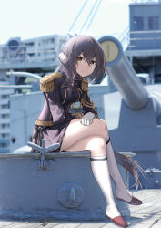 Rule 34 | 1girl, azur lane, black hair, blush, breasts, brown hair, commentary request, epaulettes, gloves, hair between eyes, highres, historical name connection, horns, long hair, long sleeves, looking at viewer, mikasa (azur lane), military, military uniform, name connection, object namesake, photo background, ship, sitting, skirt, smile, solo, uniform, watercraft, white gloves, yellow eyes, zombie mogura
