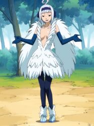 Rule 34 | 1girl, absurdres, angel (fairy tail), blue gloves, blue thighhighs, breasts, cleavage, dress, elbow gloves, fairy tail, feathers, forest, gloves, grey eyes, headband, highres, looking at viewer, nature, screencap, silver hair, smile, solo, standing, stitched, thighhighs, third-party edit, wings
