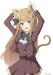 Rule 34 | 1girl, absurdres, animal ears, arms up, black bow, black bowtie, blonde hair, blue eyes, blush, bow, bowtie, braided sidelock, cat ears, cat girl, cat tail, collared shirt, cowboy shot, fang, highres, idoly pride, jacket, kemonomimi mode, layered clothes, long bangs, long hair, long sleeves, looking at viewer, narumiya suzu, open clothes, open jacket, open mouth, pleated skirt, raised eyebrows, red jacket, red shirt, red skirt, rj edward (artist), school uniform, shirt, sidelocks, simple background, skin fang, skirt, solo, straight hair, tail, very long hair, watermark, wavy mouth, white background, white shirt