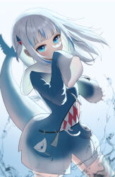Rule 34 | 1girl, absurdres, animal hood, blue eyes, blue hair, blue hood, covering own mouth, fins, fish tail, floating hair, gawr gura, grey hair, highres, hololive, hololive english, hood, hood down, long sleeves, looking at viewer, medium hair, multicolored hair, porty ramram, shark girl, shark hood, shark tail, short twintails, sleeves past fingers, sleeves past wrists, solo, streaked hair, tail, twintails, virtual youtuber, water