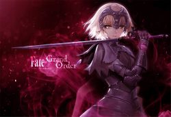 Rule 34 | 1girl, armor, bangosu, blonde hair, copyright name, fate/grand order, fate (series), headpiece, holding, holding sword, holding weapon, jeanne d&#039;arc (fate), jeanne d&#039;arc alter (avenger) (fate), jeanne d&#039;arc alter (fate), looking away, open mouth, over shoulder, short hair, smile, solo, sword, sword over shoulder, teeth, weapon, weapon over shoulder, yellow eyes