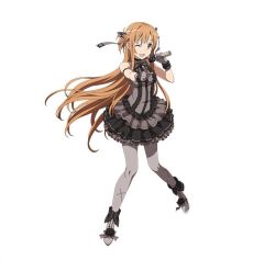 Rule 34 | 1girl, ;d, asuna (sao), brown eyes, brown hair, dress, floating hair, full body, gloves, grey dress, grey gloves, grey pantyhose, grey ribbon, hair ribbon, holding, holding microphone, layered dress, long hair, microphone, one eye closed, open mouth, pantyhose, ribbon, short dress, simple background, smile, solo, standing, sword art online, very long hair, white background